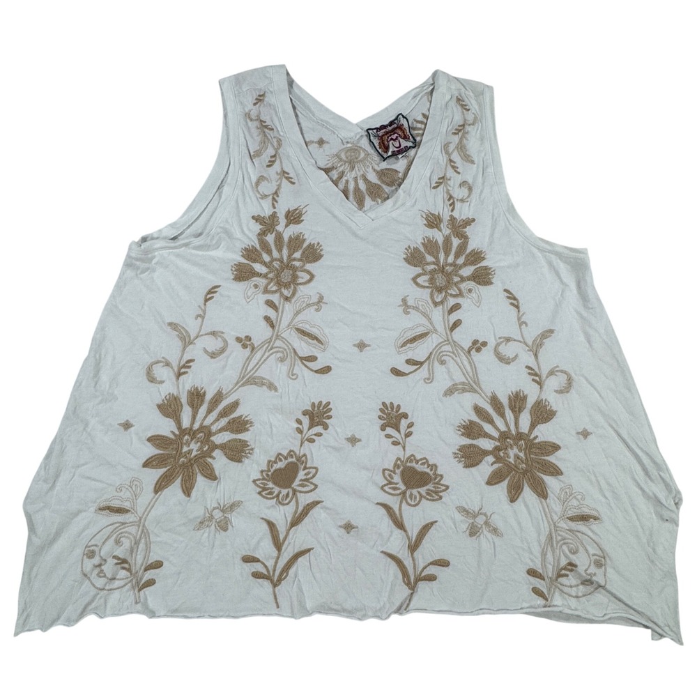 Johnny Was White Tan Floral Embroidered Cotton V-Neck Tank Top Women's XL Boho